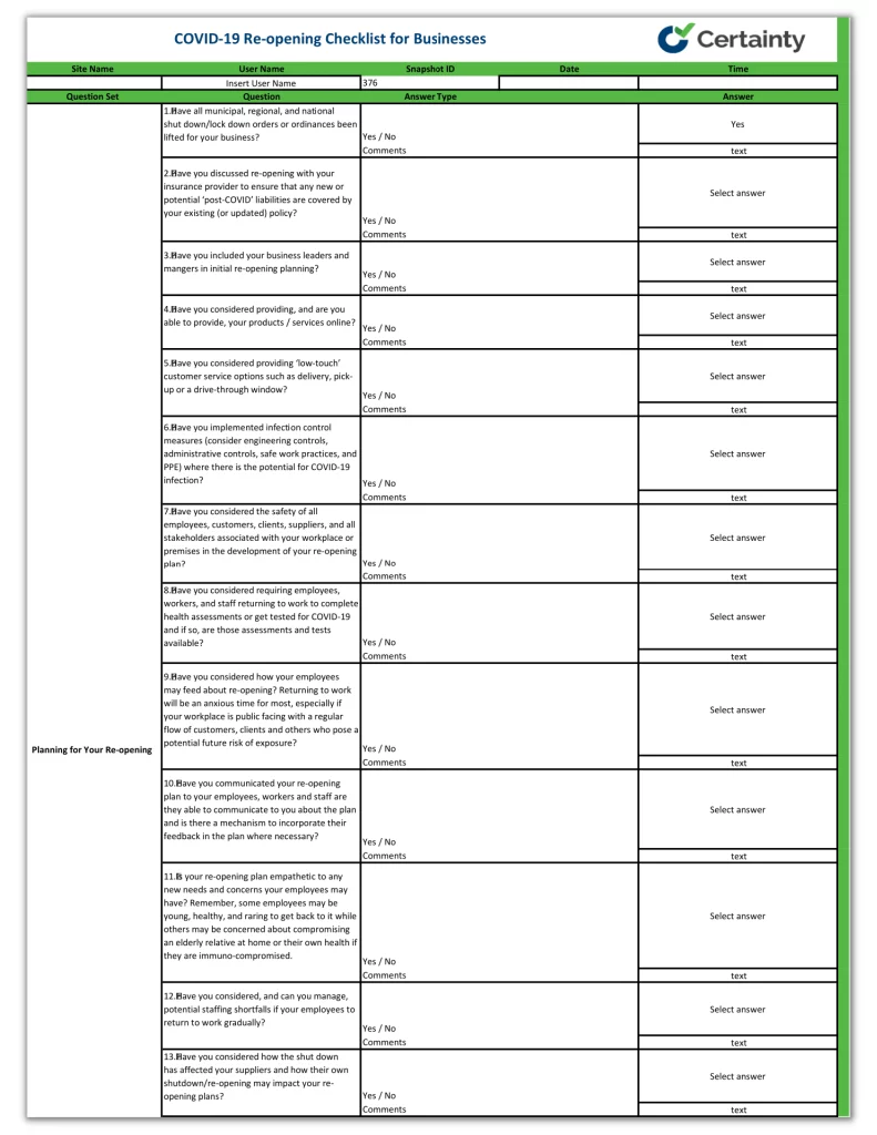 Covid-19 Reopening Checklist template