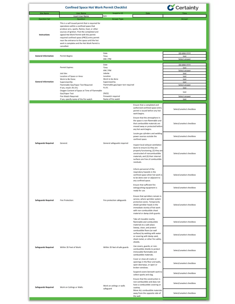 confined space hot work permit checklist template