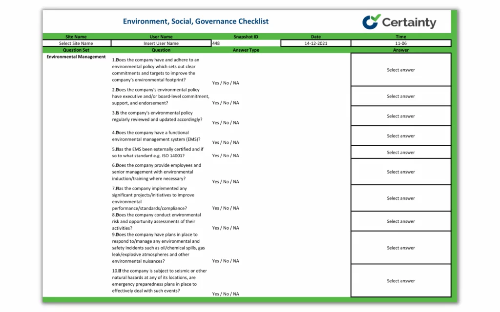 ESG checklist template