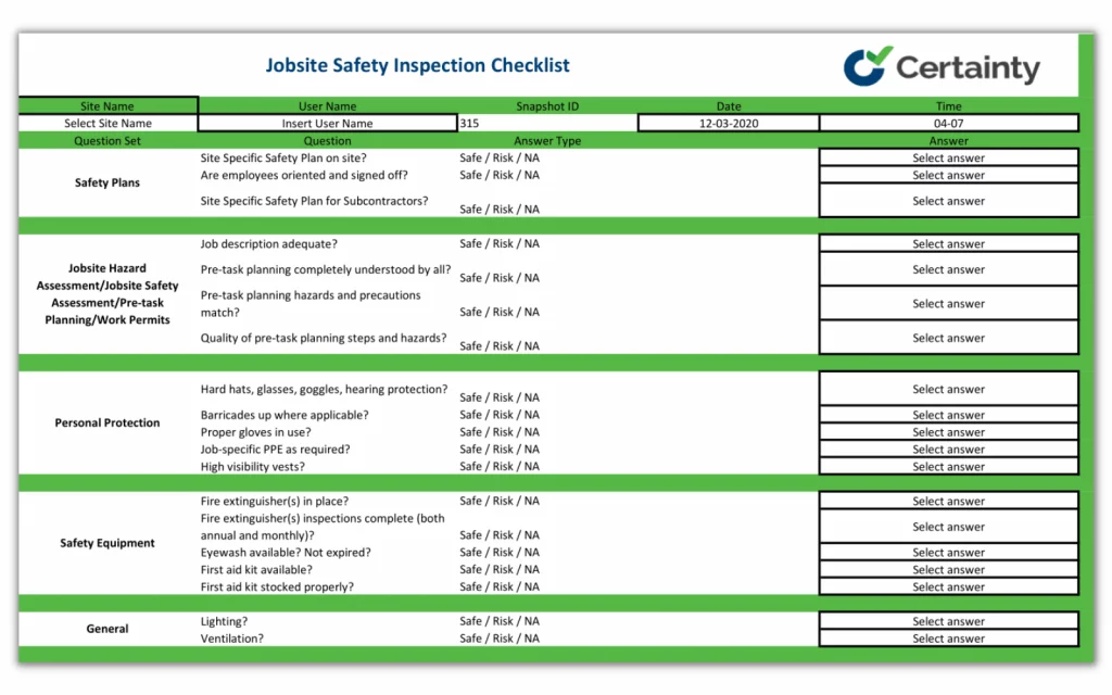 Jobsite safety inspection checklist template