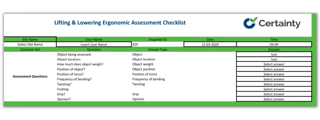 Lifting and lowering ergonomic assessment checklist
