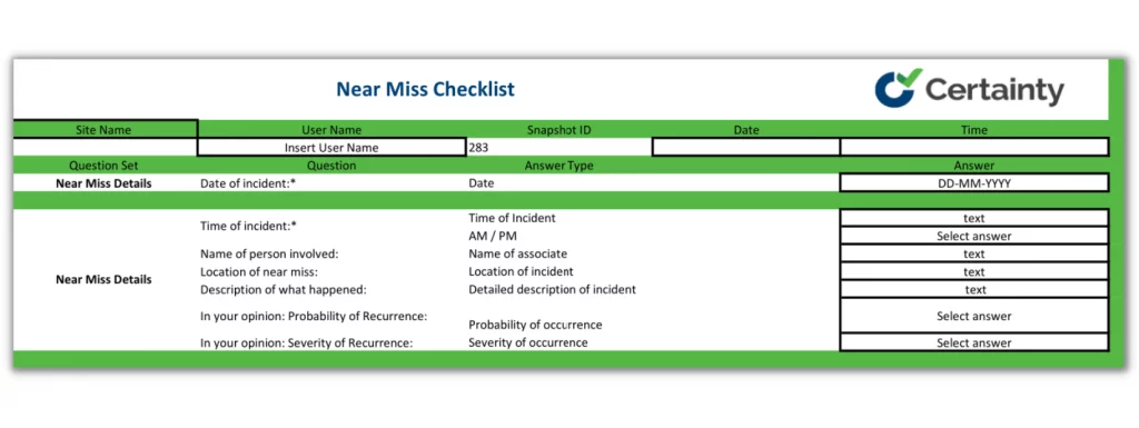 Near miss checklist template