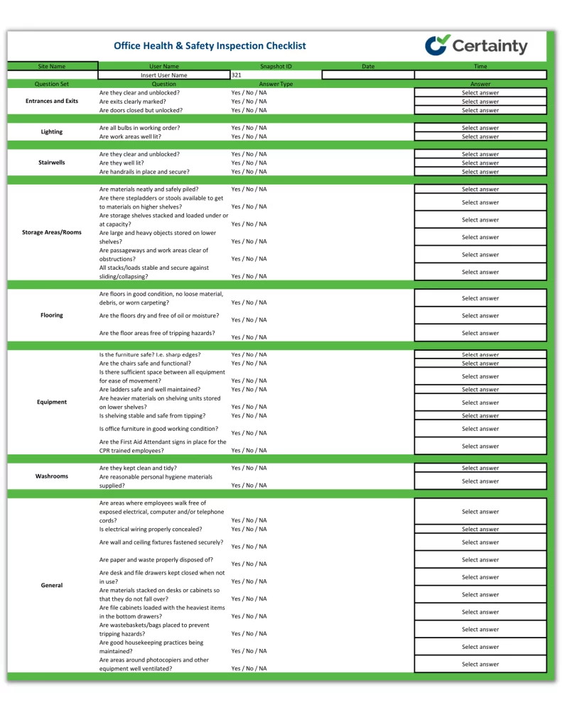 office health and safety inspection checklist template