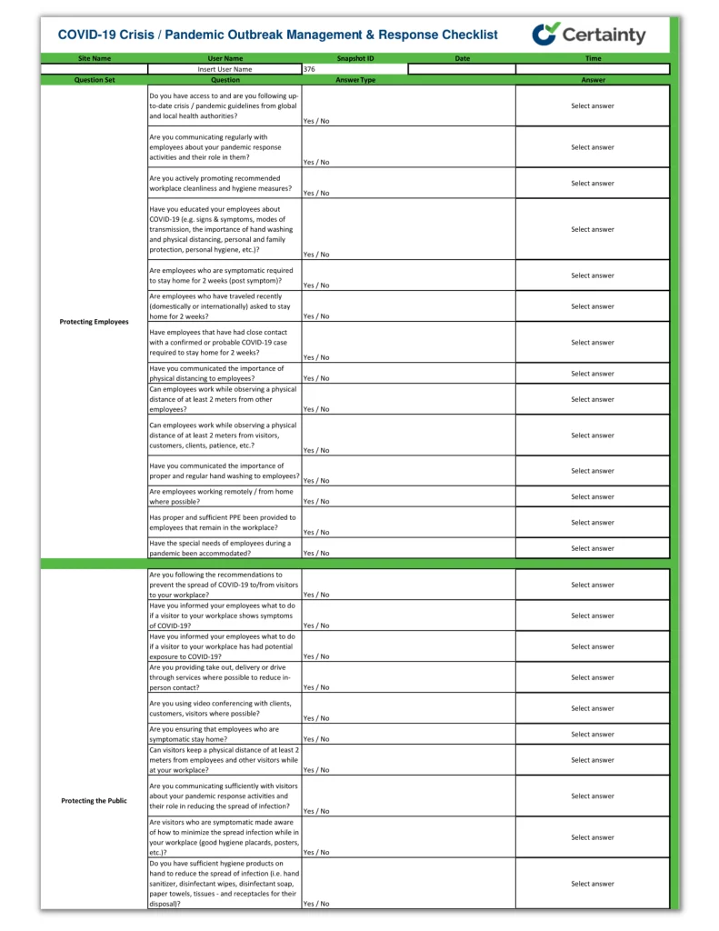 COVID-19 Crisis and Pandemic Outbreak Management and Response Checklist