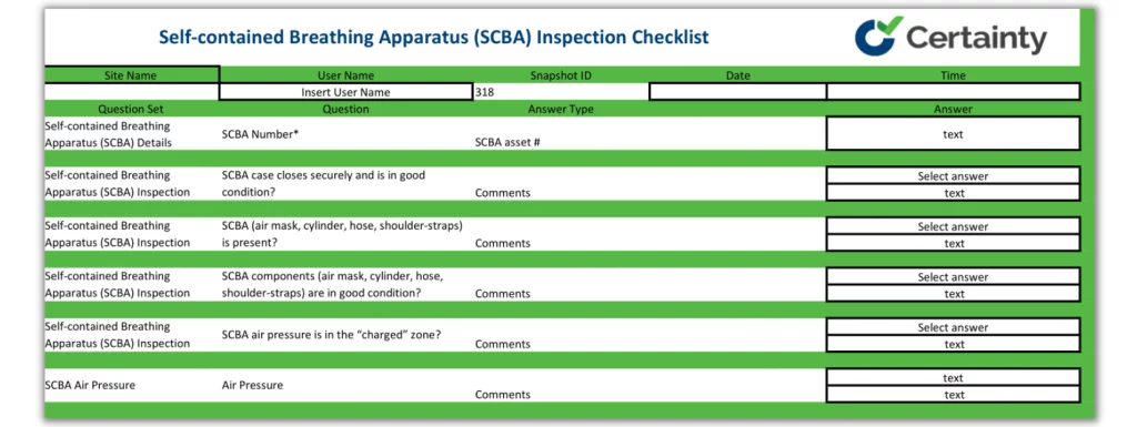 SCBA inspection checklist template