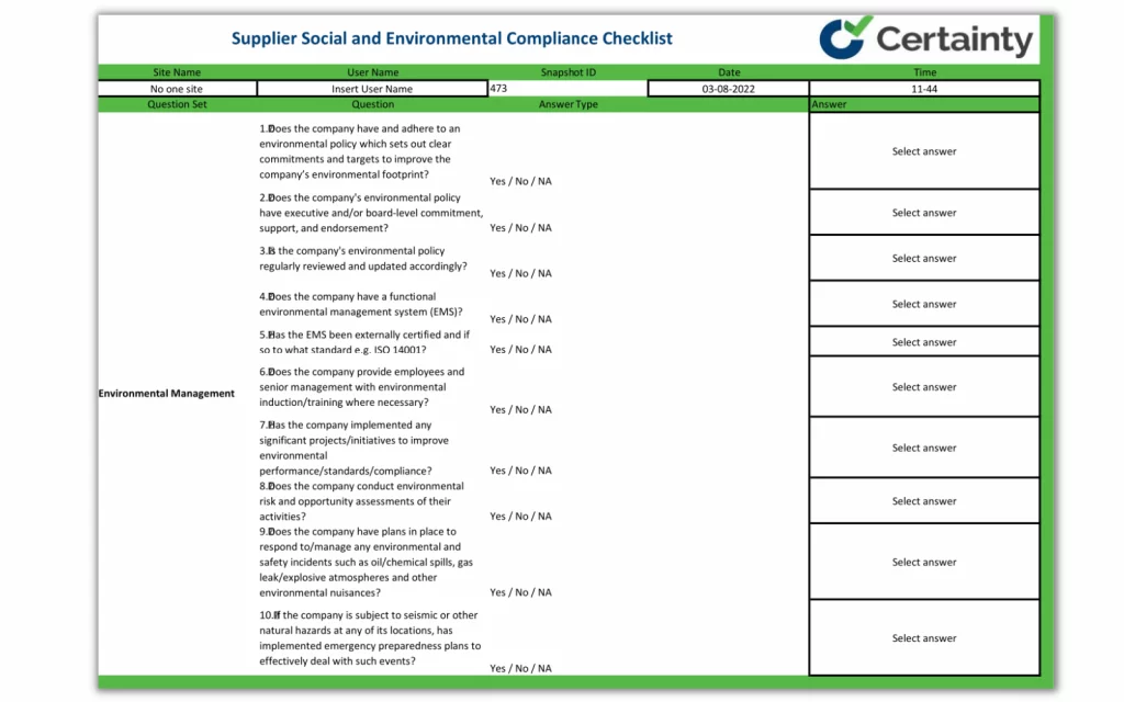 Supplier social and environmental compliance checklist