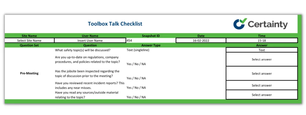 Toolbox talk checklist template