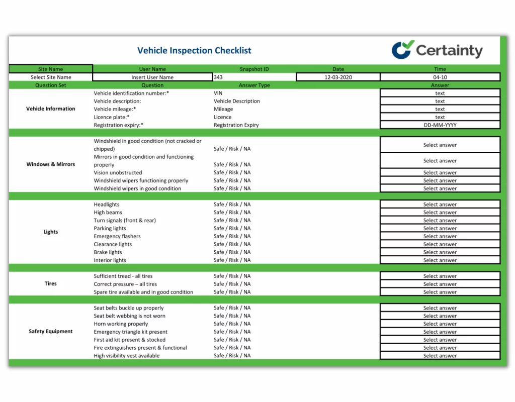 Commercial vehicle inspection checklist template