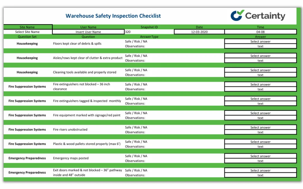 Warehouse safety inspection checklist template