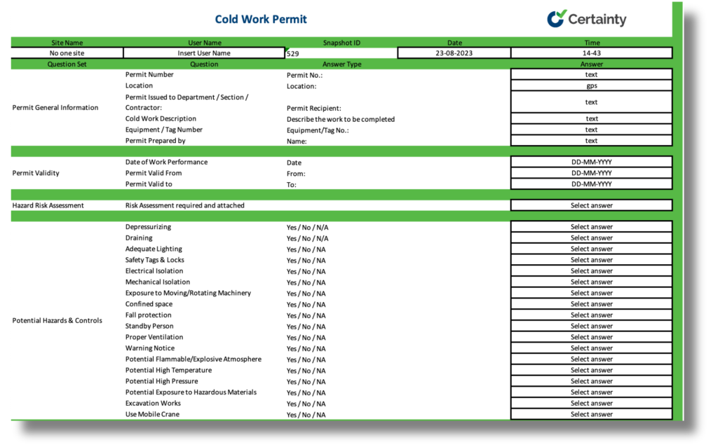 Cold Work Permit Checklist
