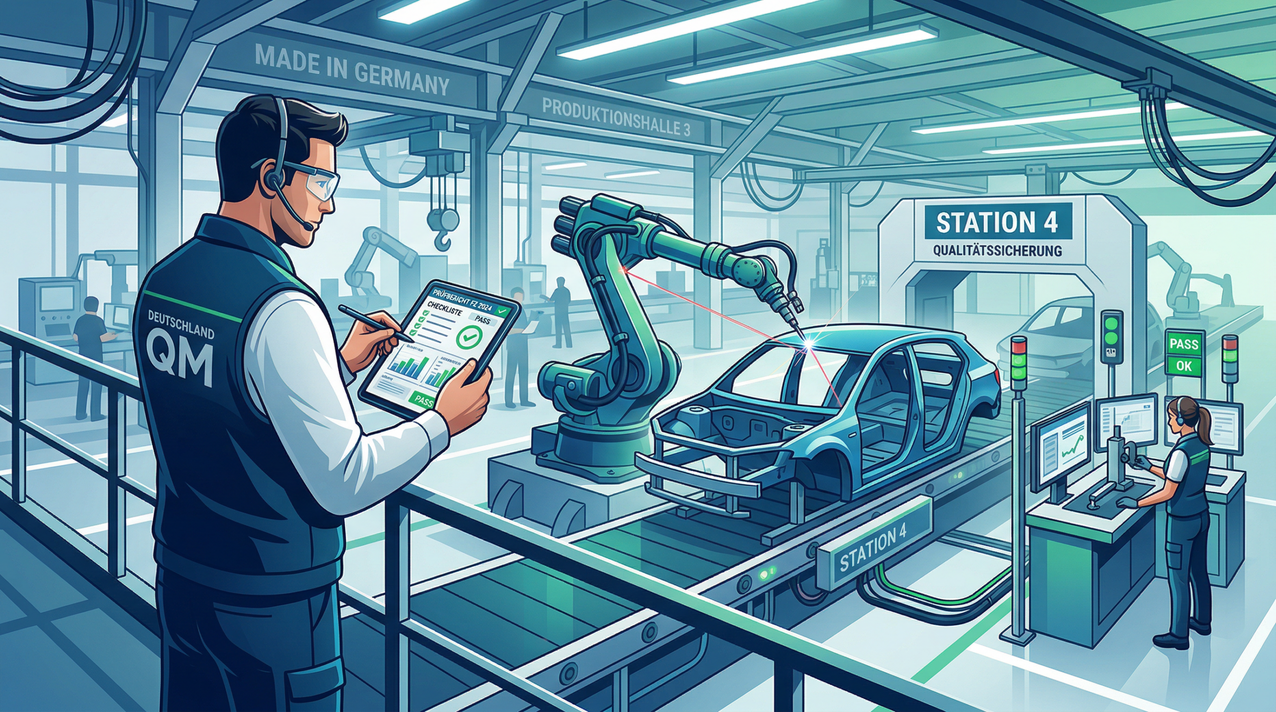 Quality auditor conducting VDA 6.3 process audit on automotive assembly line