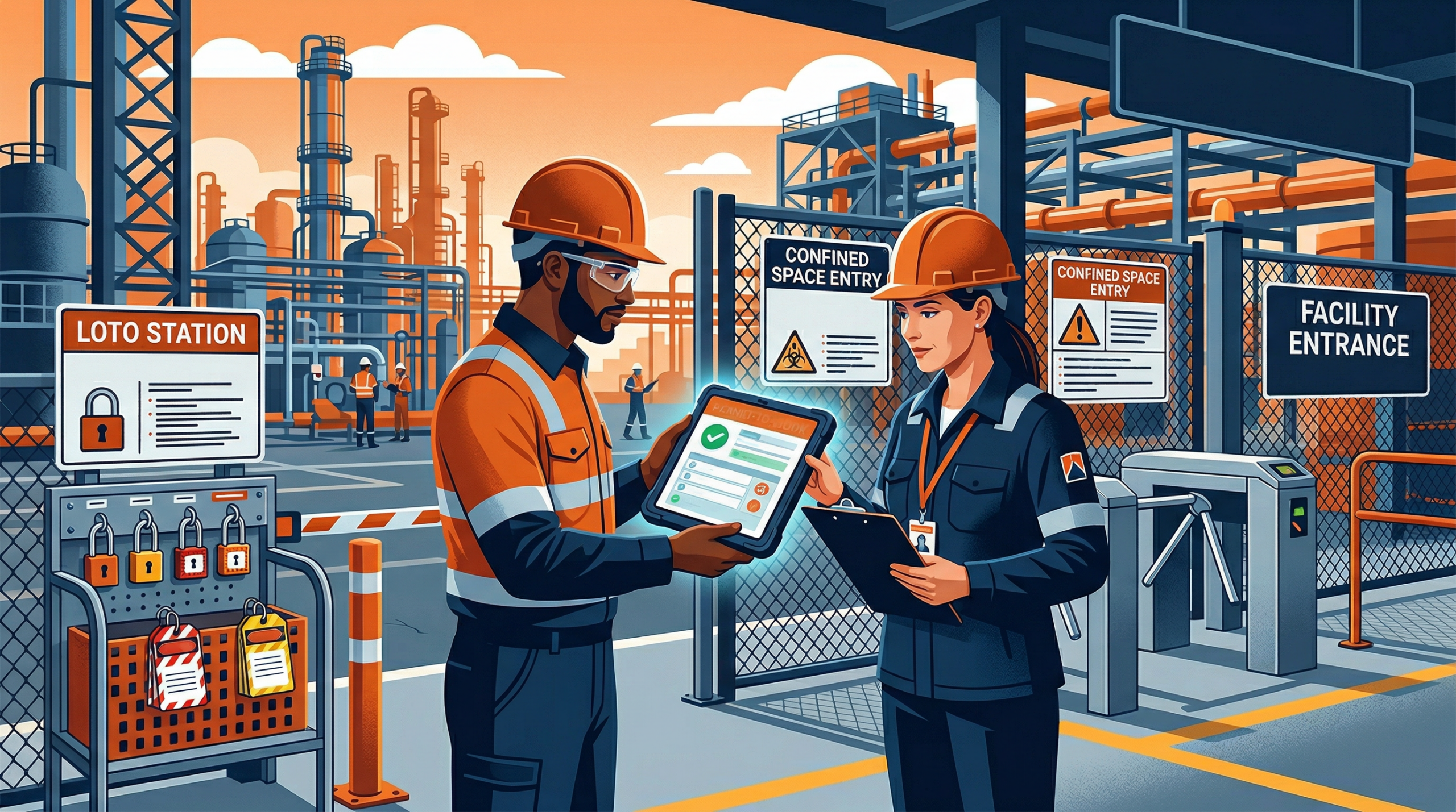 Workers presenting digital permit-to-work at industrial facility checkpoint