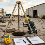 Confined space entry scene with yellow tripod rescue system over a manhole, an attendant in hi-vis safety vest, a 4-gas detector, and a printed entry permit on an industrial site