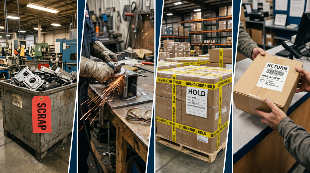 Four real-world examples of Cost of Poor Quality in manufacturing: a scrap bin with a red SCRAP tag, a worker reworking a defective weld, a pallet wrapped in QUARANTINE HOLD tape, and a customer product return at a warehouse counter