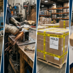 Four real-world examples of Cost of Poor Quality in manufacturing: a scrap bin with a red SCRAP tag, a worker reworking a defective weld, a pallet wrapped in QUARANTINE HOLD tape, and a customer product return at a warehouse counter
