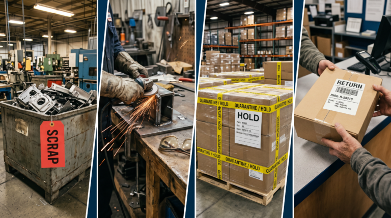 Four real-world examples of Cost of Poor Quality in manufacturing: scrap, rework, quarantine, and customer returns