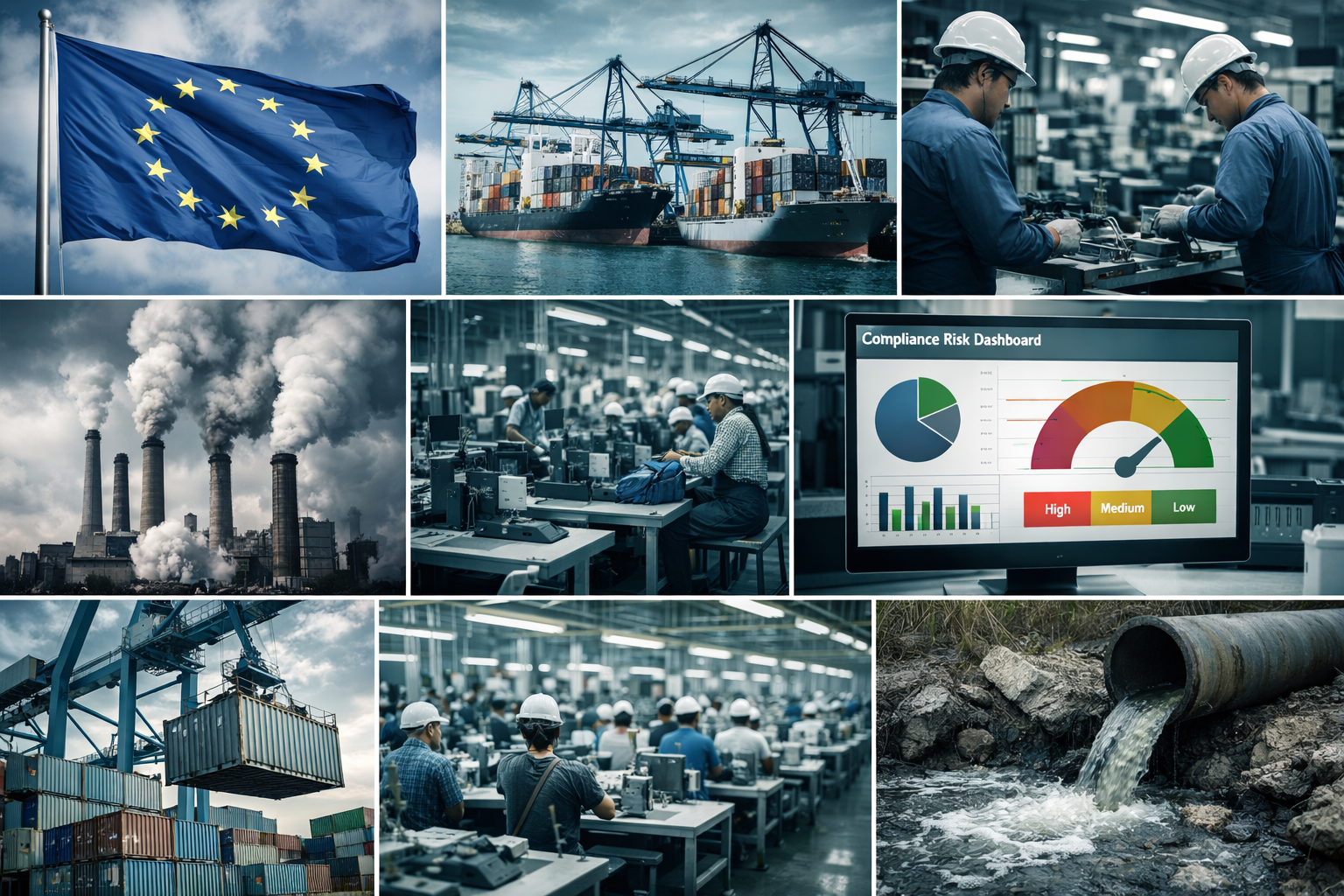 Supply chain sustainability montage showing EU regulation, global trade, manufacturing, and environmental compliance