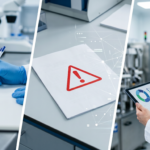 Photorealistic montage of a pharmaceutical quality control lab: gloved hand writing in a notebook, a regulatory document with a red warning triangle icon, and a quality professional reviewing a digital quality dashboard on a tablet