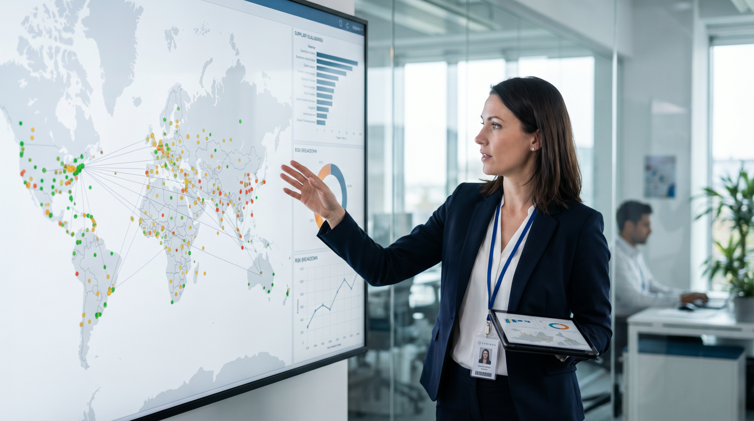 Photorealistic scene of a supply chain compliance analyst gesturing at a large wall-mounted dashboard showing a world map with color-coded supplier risk dots across Asia, Latin America, and Europe, alongside bar, donut, and trend charts; she holds a tablet with a miniature risk dashboard