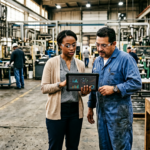 A supply chain manager and supplier reviewing a multi-tier visibility dashboard on a ruggedized tablet in an industrial manufacturing facility