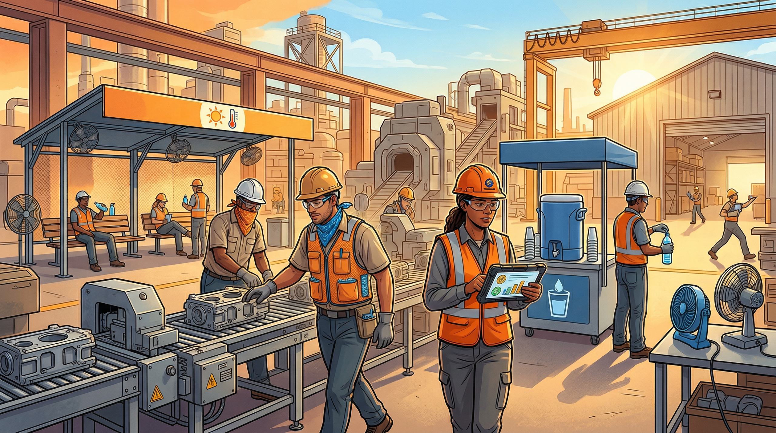 Safety manager conducting heat safety inspection at manufacturing facility with digital tablet