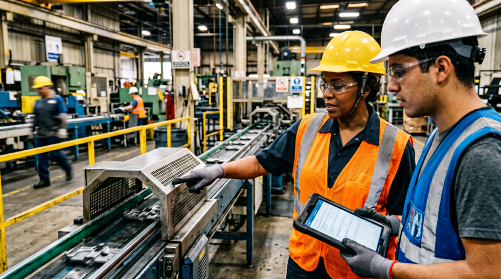 Safety supervisor in hardhat and hi-vis vest demonstrating a machine guard hazard to a new hire while holding a tablet with a safety onboarding checklist in a manufacturing facility