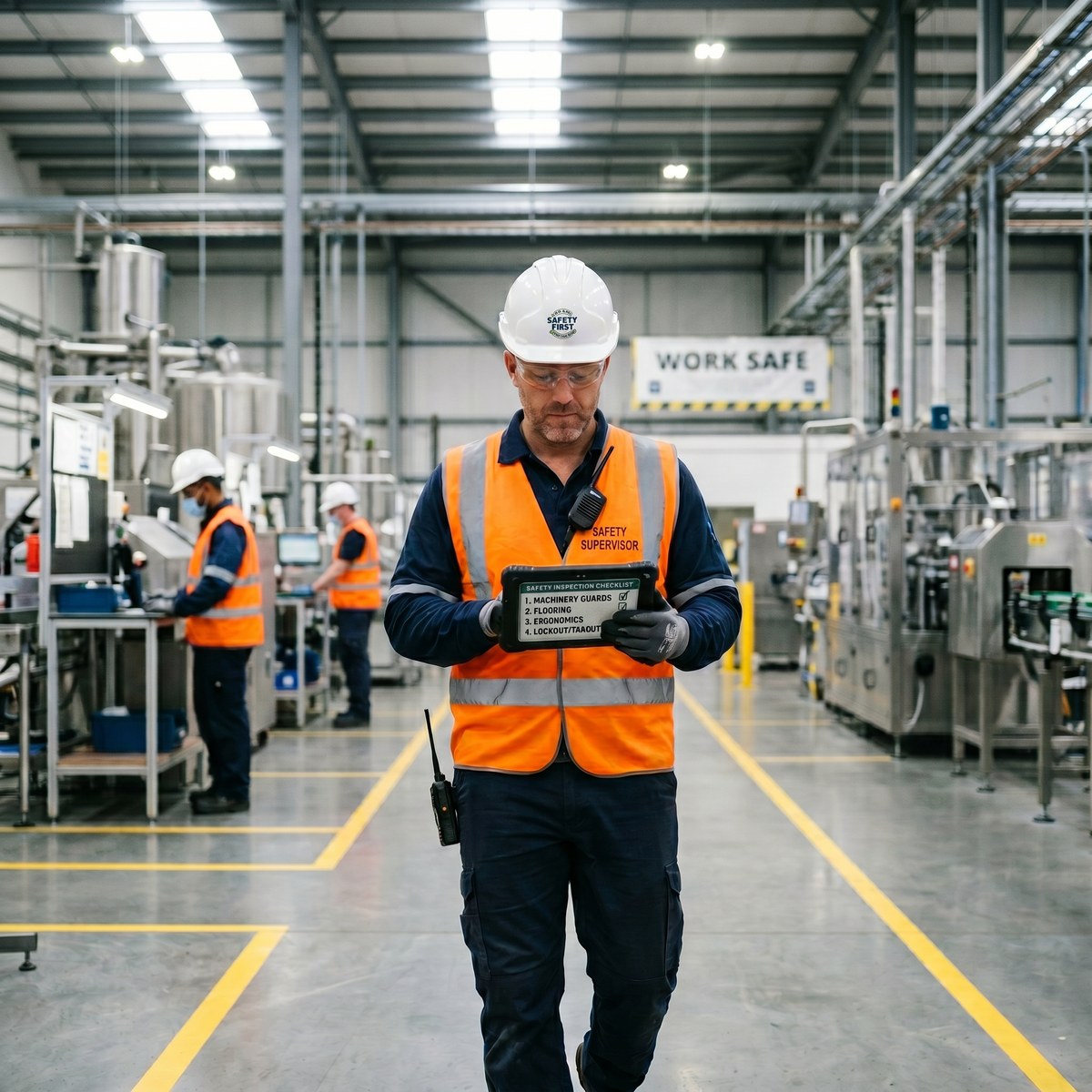 A male safety inspector in an orange hi-vis vest and white hard hat holds a tablet showing a digital safety inspection checklist on an industrial manufacturing floor, with a fresh green inspection tag visible on nearby equipment and clean aisle markings in the background — vendor-neutral, no software branding visible
