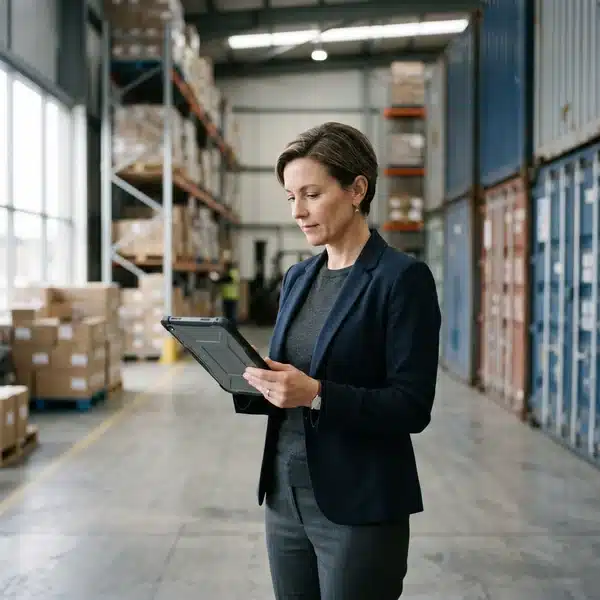 Editorial image of a procurement director reviewing supplier risk data on a tablet in a warehouse