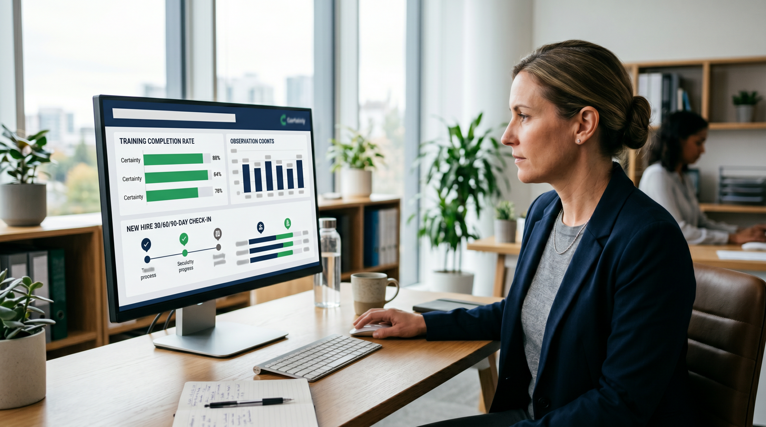 An EHS manager at a desk reviewing a dashboard on a monitor showing training completion rates, observation counts, and 30/60/