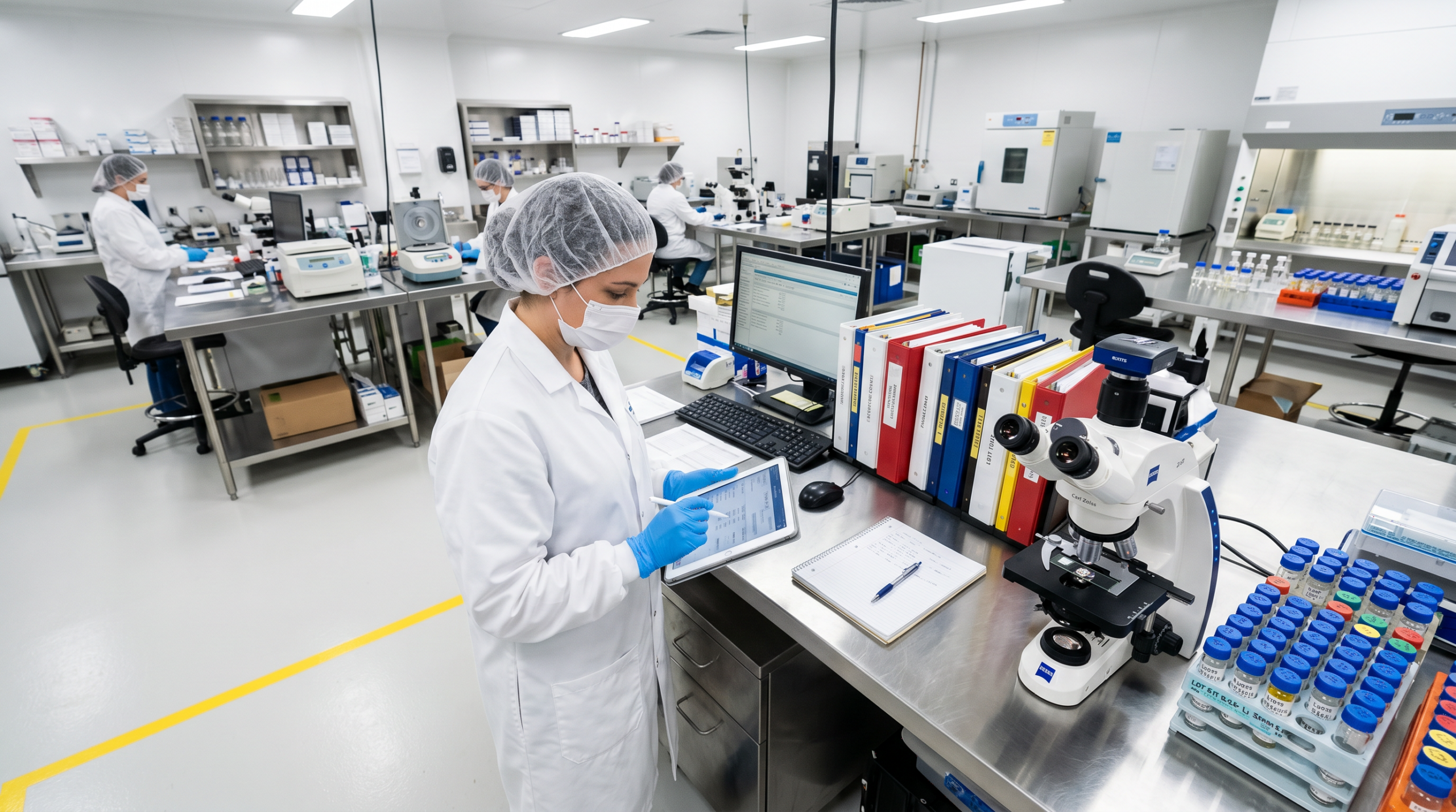 Overhead view of a pharmaceutical manufacturing quality control lab with a quality professional reviewing batch records on a