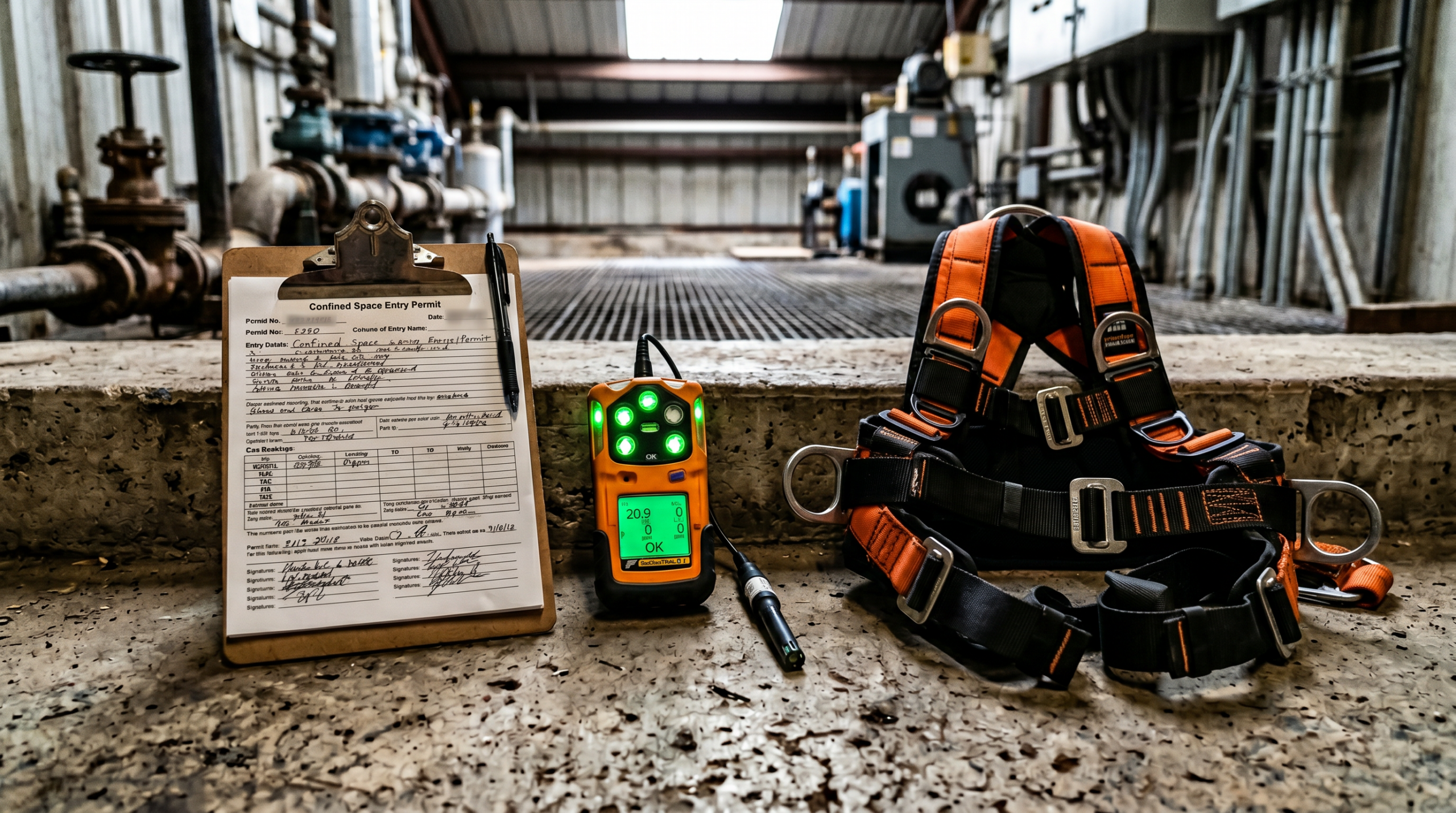 Close-up of a completed confined space entry permit on a clipboard next to a calibrated multi-gas detector and a full-body rescue harness, staged on a concrete ledge in an industrial plant