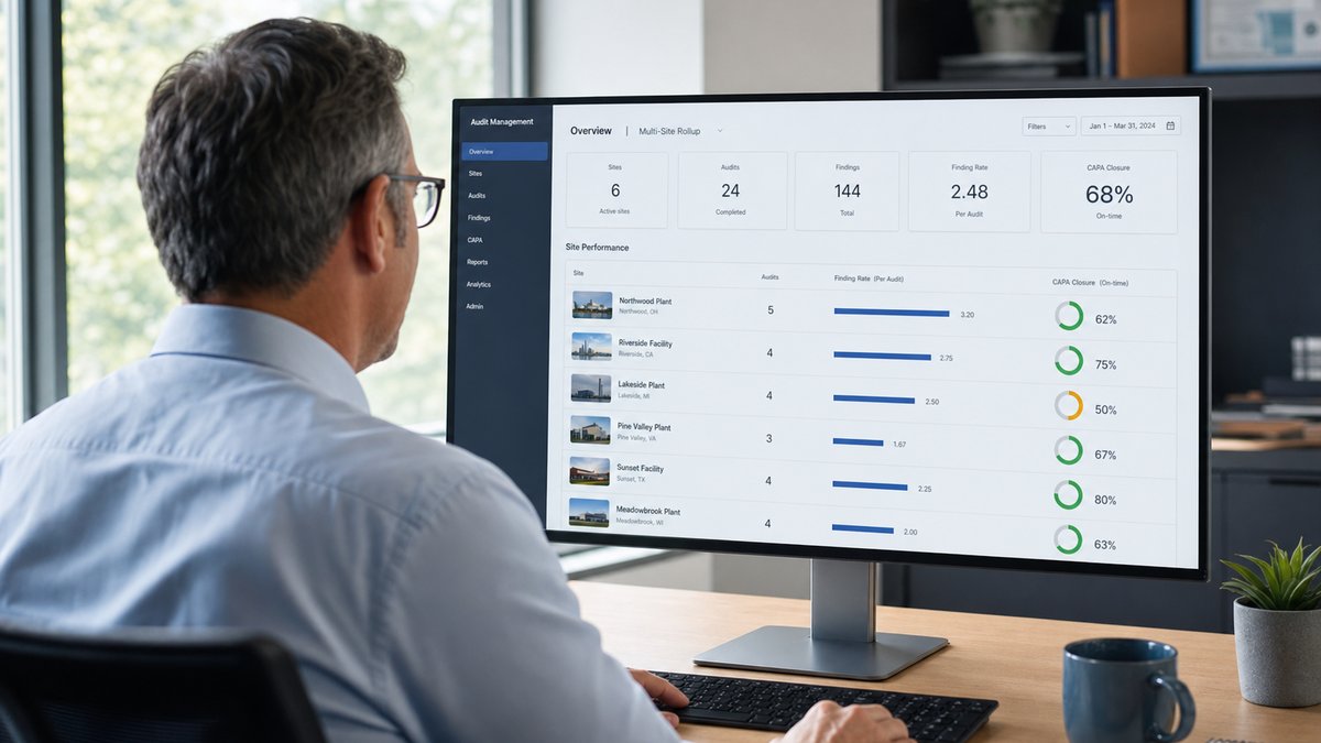A quality director reviews an audit management software multi-site rollup dashboard on a large monitor, showing six facility sites with finding rates and on-time CAPA closure indicators per site.