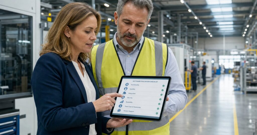 A quality director and a procurement lead in business attire review a software evaluation checklist on a tablet on a manufacturing floor.