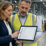 A quality director and a procurement lead in business attire review a software evaluation checklist on a tablet on a manufacturing floor.