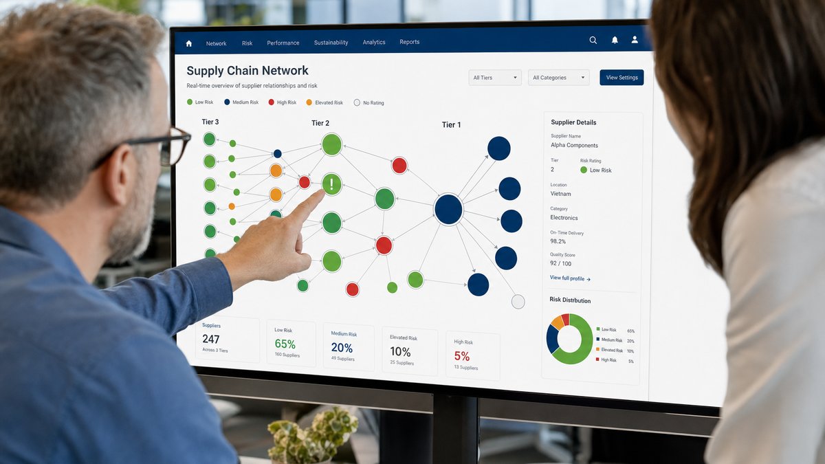 A procurement manager points at a Tier 2 supplier node on a supply chain network visualization dashboard, with another colleague reviewing the same screen, showing tiered supplier risk in a clean Certainty-branded interface.