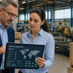 A procurement director and supply chain analyst review a multi-tier supplier visibility dashboard on a tablet in a manufacturing facility, with shipping crates labeled by country of origin in the background.