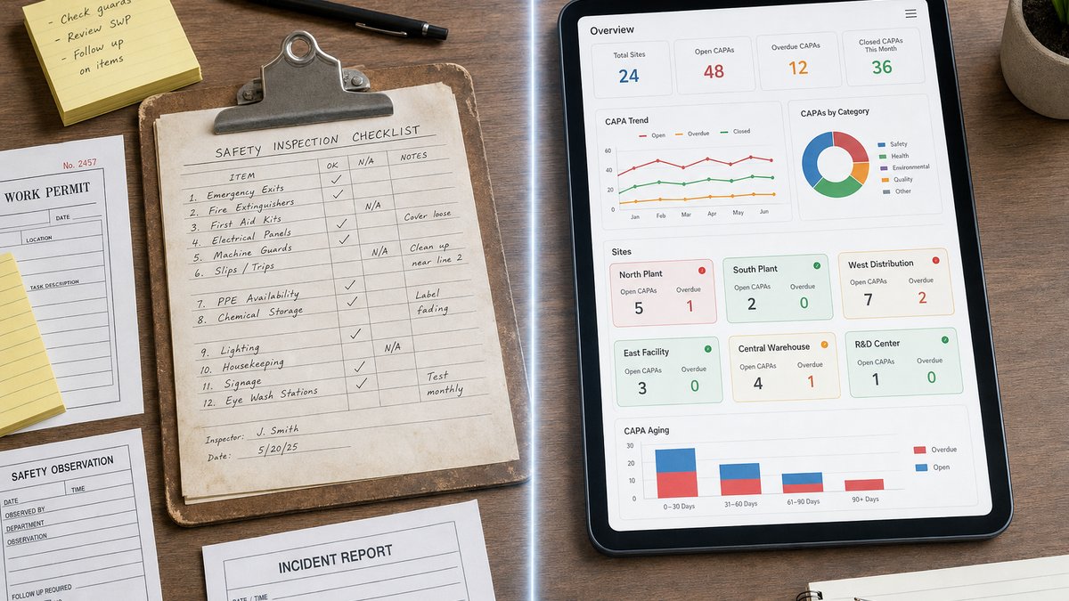 Split-frame contrast image: on the left, a paper safety inspection checklist with a clipboard, work permit, and incident report forms; on the right, a tablet showing a digital multi-site safety dashboard with CAPA aging charts and per-site overdue counts.