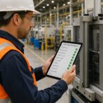 A safety inspector in an orange hi-vis vest and white hard hat uses a tablet to complete a workplace safety inspection checklist next to inspected equipment with a green inspection tag on a manufacturing plant floor.