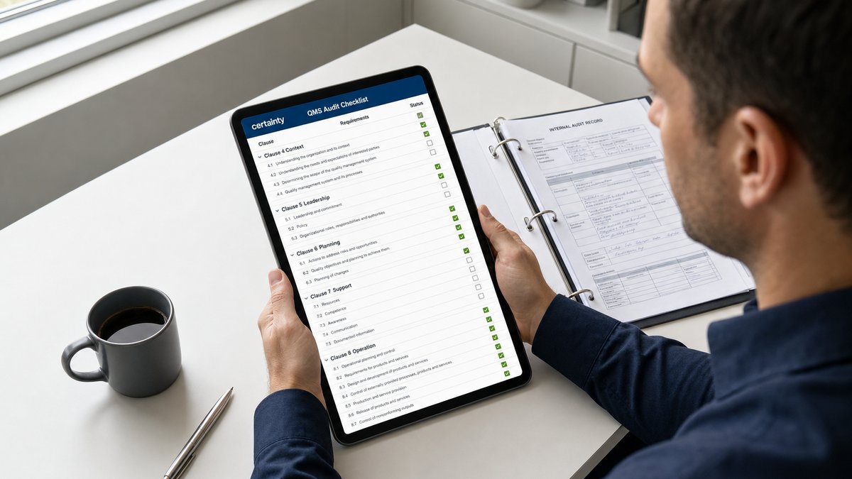 An internal auditor reviews an ISO 9001 QMS audit checklist on a tablet showing all clauses (4 through 10) with their requirements and status indicators, alongside a paper audit record binder on a clean office desk.