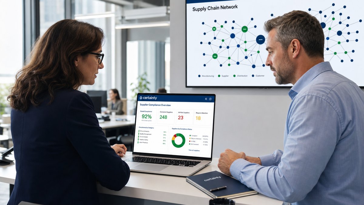 A compliance manager and a procurement lead review a supplier compliance overview dashboard on a laptop showing 92% overall compliance, with a Certainty-branded supply chain network diagram on the wall screen behind them.