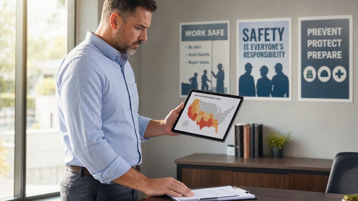 An EHS manager reviews a tablet showing a U.S. state map with several southern and western states color-coded by heat rule strictness, in an EHS office with safety posters in the background.