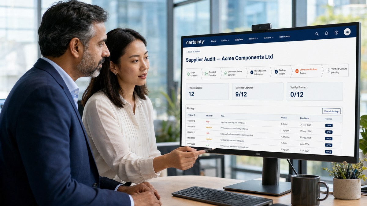 A real supplier-audit workspace: the seven-step workflow stepper, KPI tiles for findings logged, evidence captured, and verified closure, and the findings detail table that tracks each open item through to verified closure.