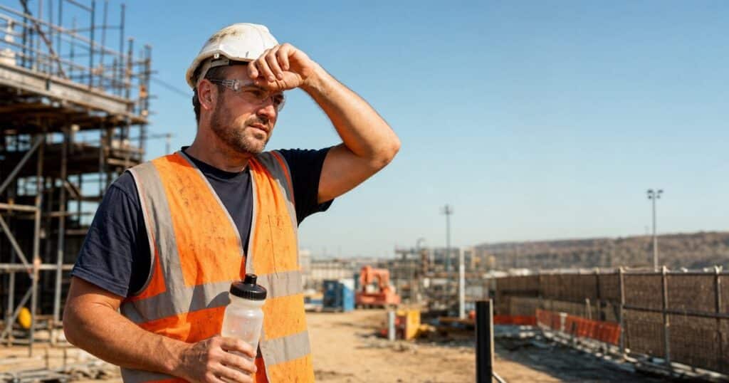 An outdoor construction worker in a bright orange high-visibility safety vest, white hard hat, and safety glasses wipes sweat from his forehead while holding a hydration bottle on a hot sunny construction site, with scaffolding and industrial equipment in the background.