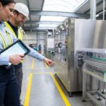 A female internal auditor in a hi-vis vest holds a tablet showing a digital audit checklist while pointing to a corrective action that has been verified on a manufacturing line — fresh yellow floor demarcation, replaced safety guard, green inspection tag signed off — with a hard-hatted supervisor reviewing alongside her in a clean, well-lit modern factory