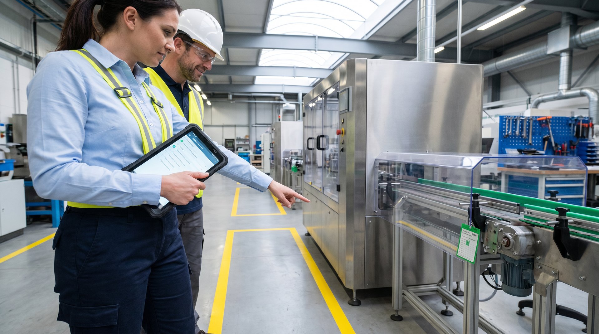 A female internal auditor in a hi-vis vest holds a tablet showing a digital audit checklist while pointing to a corrective action that has been verified on a manufacturing line — fresh yellow floor demarcation, replaced safety guard, green inspection tag signed off — with a hard-hatted supervisor reviewing alongside her in a clean, well-lit modern factory