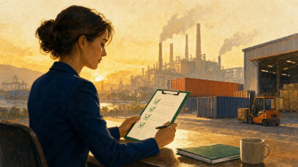 Procurement analyst reviewing a supplier audit clipboard with a global manufacturing facility, port containers, and a forklift in the background