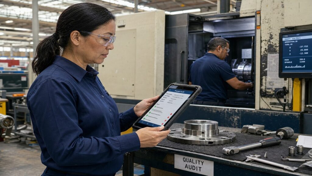 Female quality manager performing a layered process audit at a manufacturing workstation while a CNC machine operator works in the background