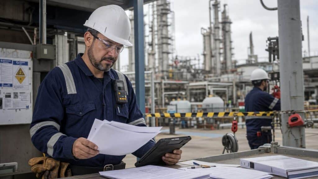 Safety lead reviewing permit-to-work documentation at an isolation control point at an industrial site