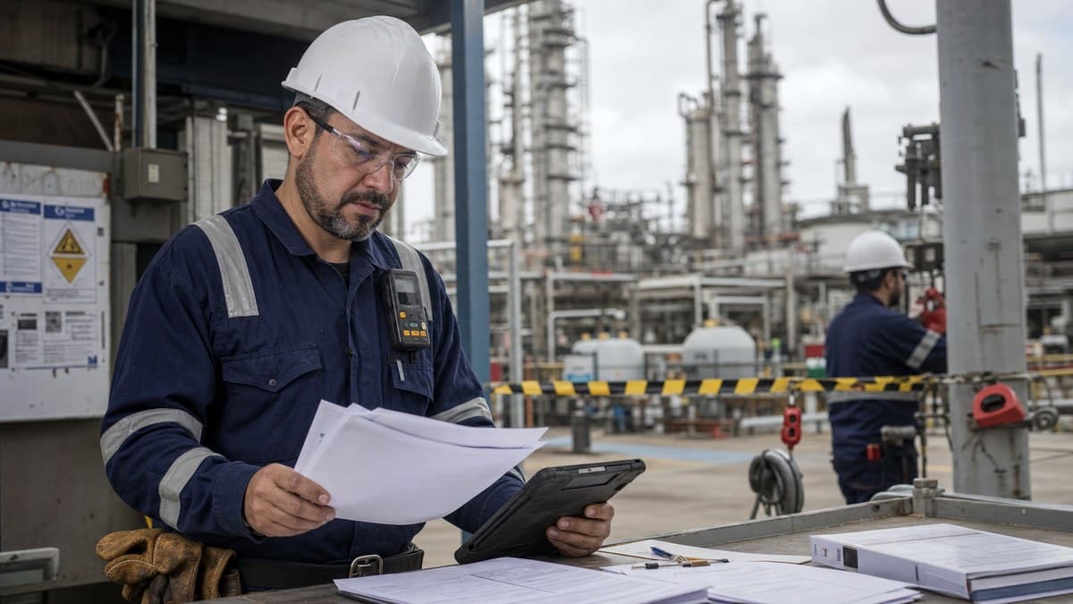 Safety lead reviewing permit-to-work documentation at an isolation control point at an industrial site