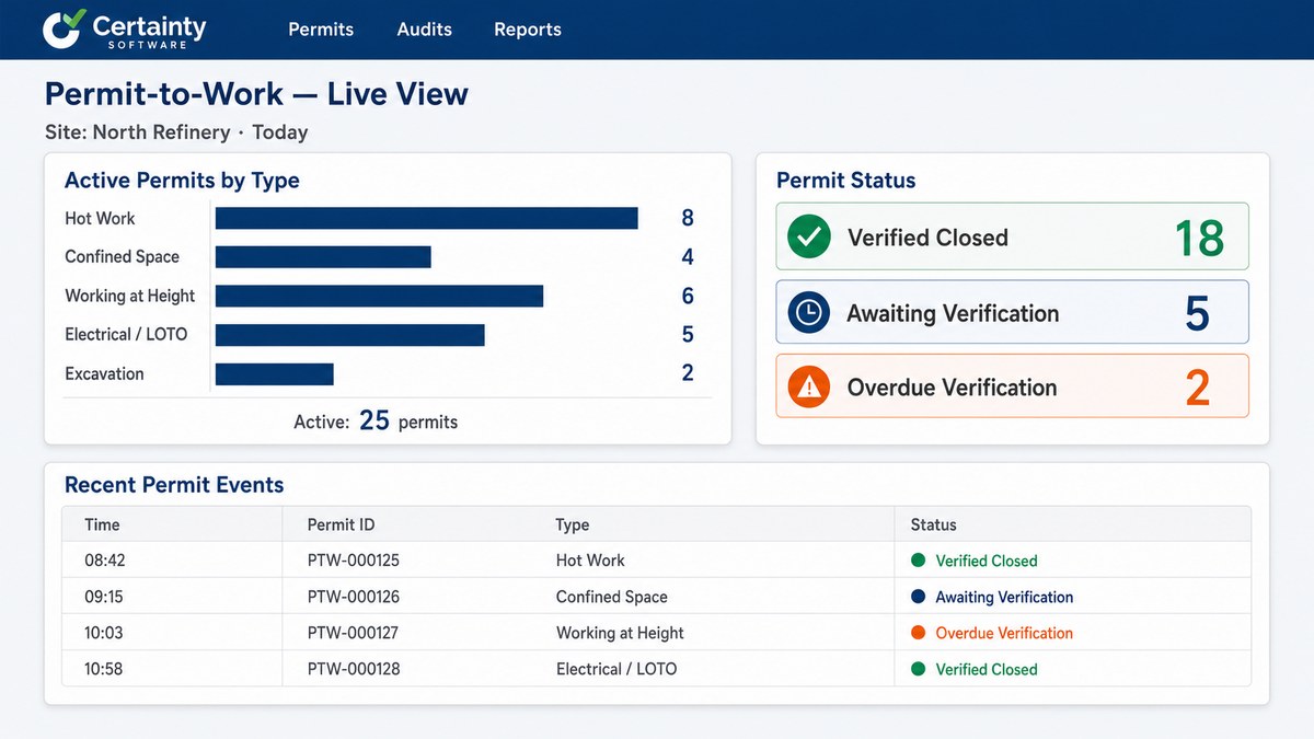 Certainty Software Permit-to-Work live dashboard with active permits by type, verified-closed vs overdue KPIs, and recent permit events
